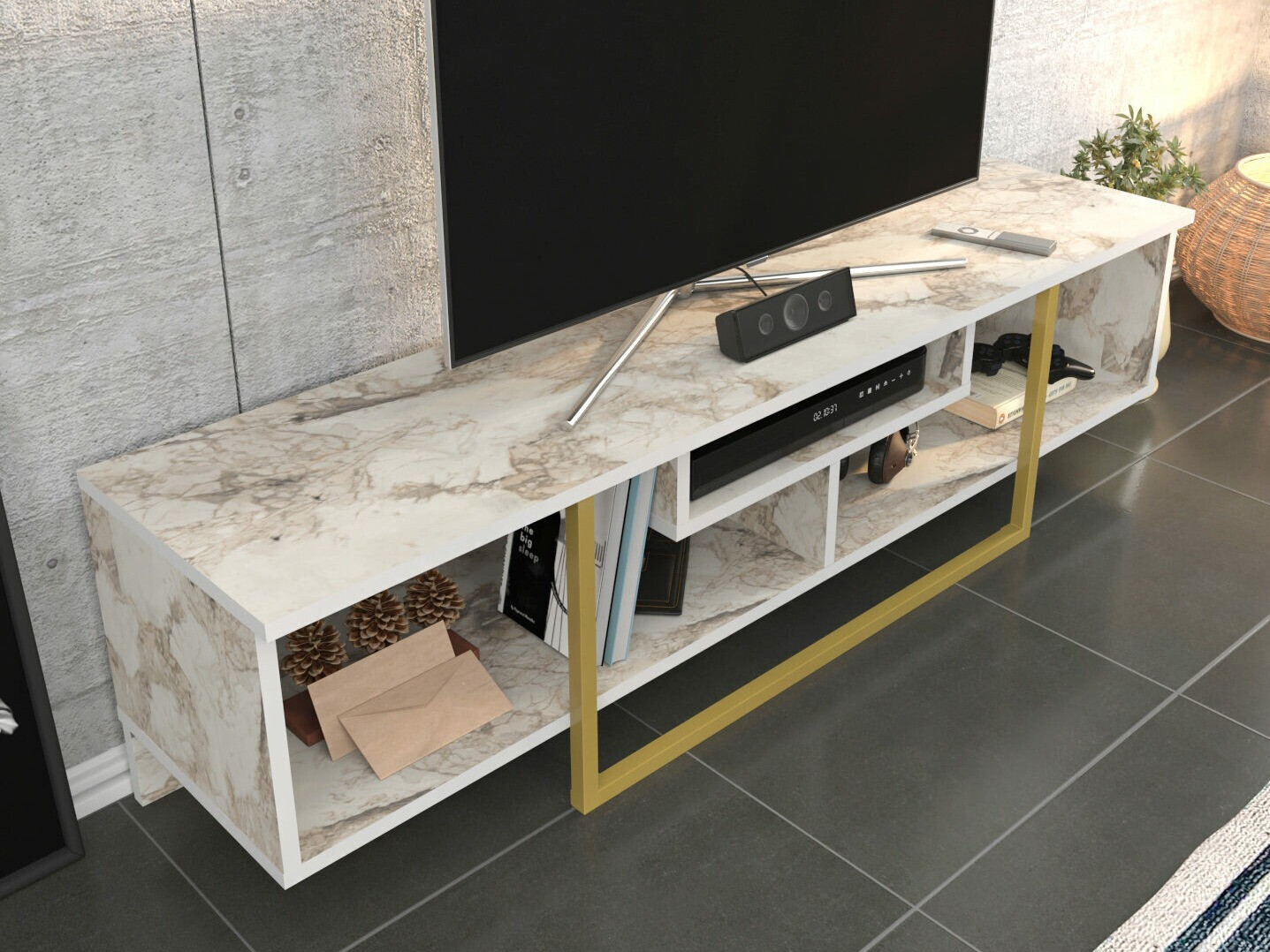 TV-alus Kailua 245 (Valge marmor + Kuldne)