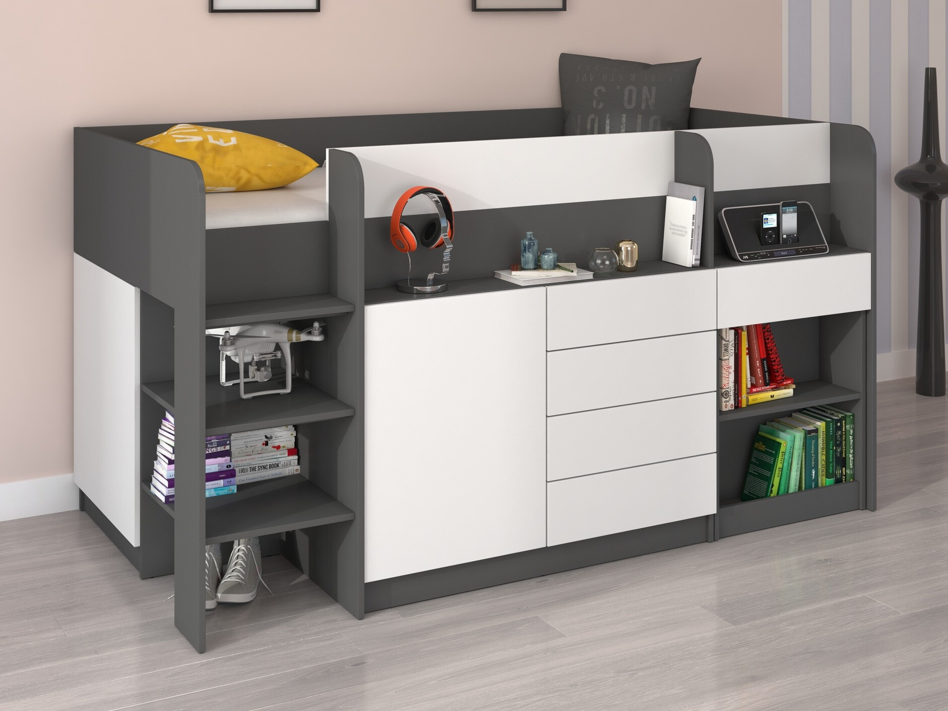 Kõrge voodi Gilroy 116 (Grafiit + Valge)