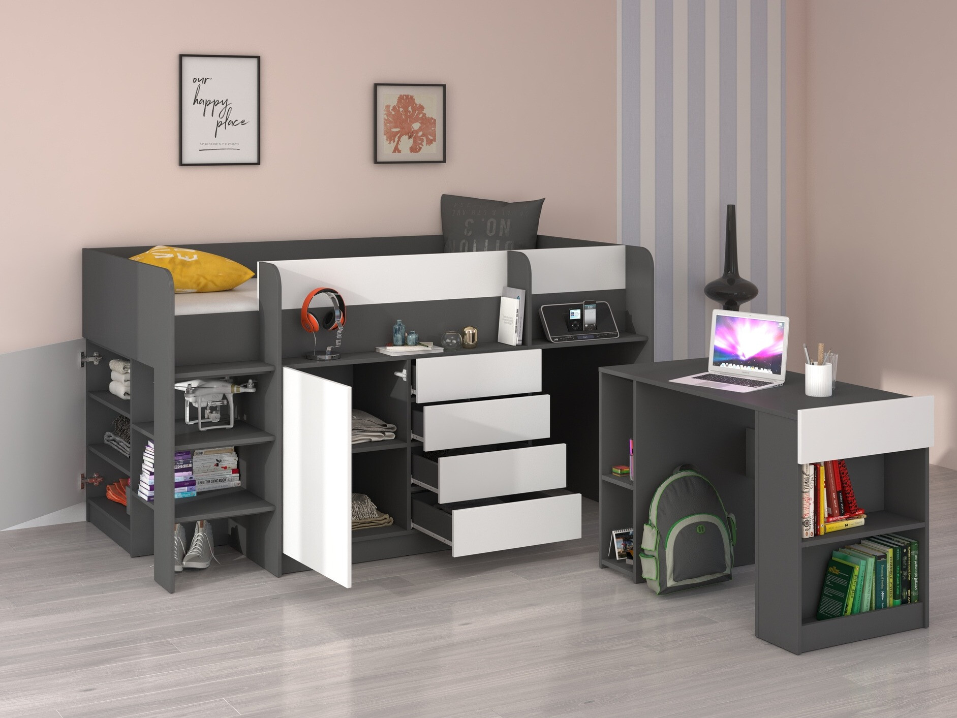 Kõrge voodi Gilroy 116 (Grafiit + Valge)