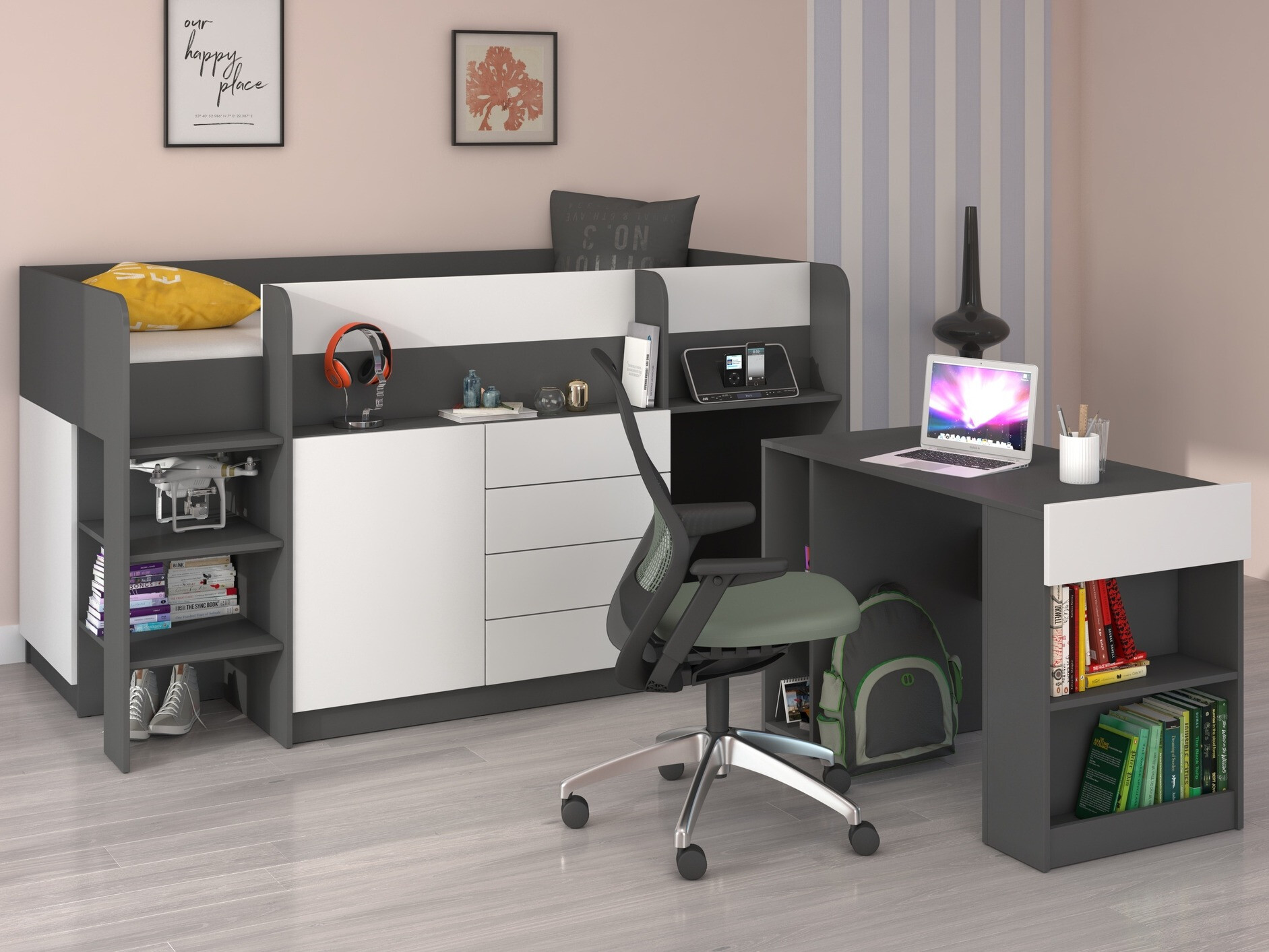 Kõrge voodi Gilroy 116 (Grafiit + Valge)