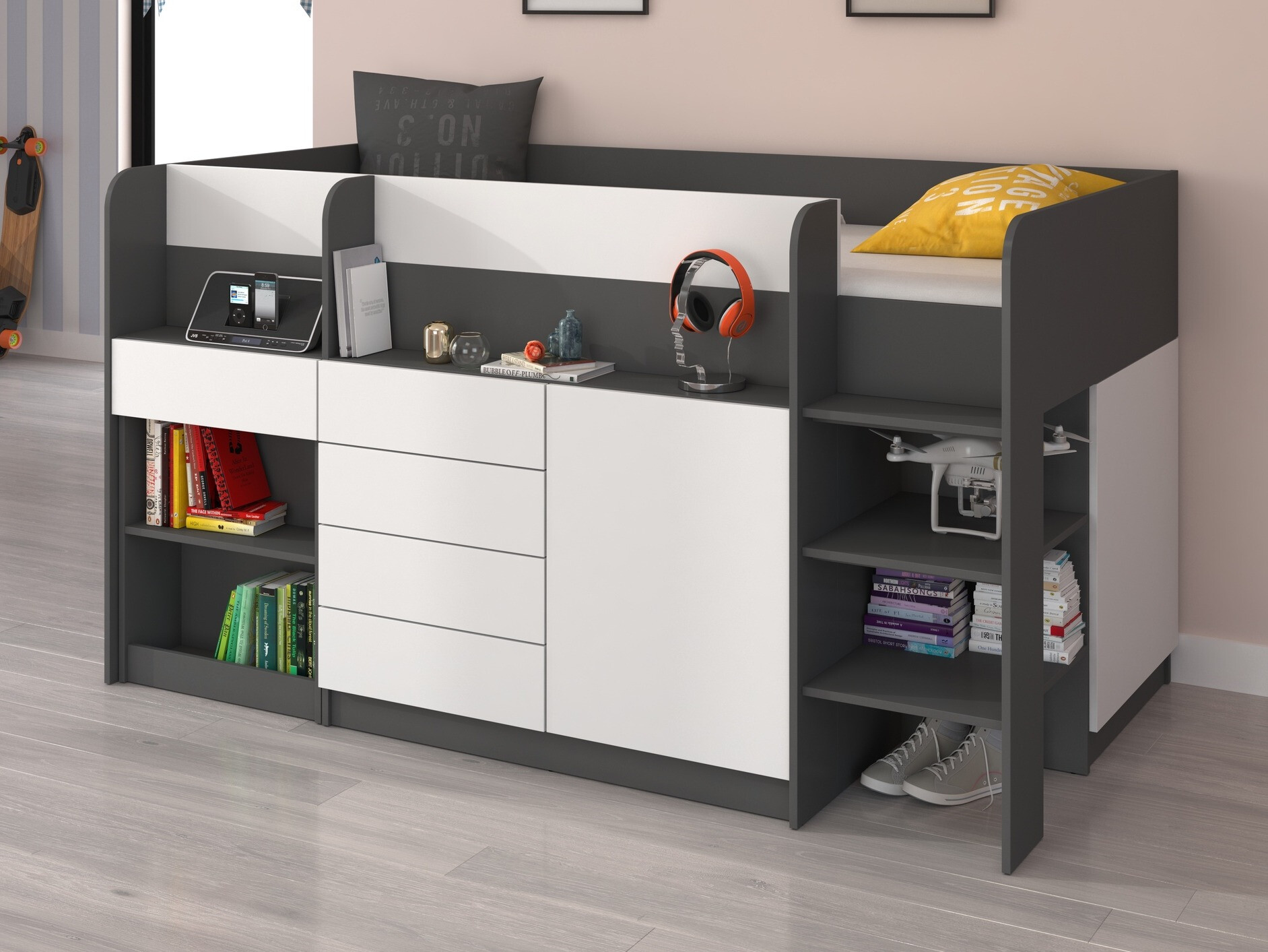 Kõrge voodi Gilroy 116 (Grafiit + Valge)