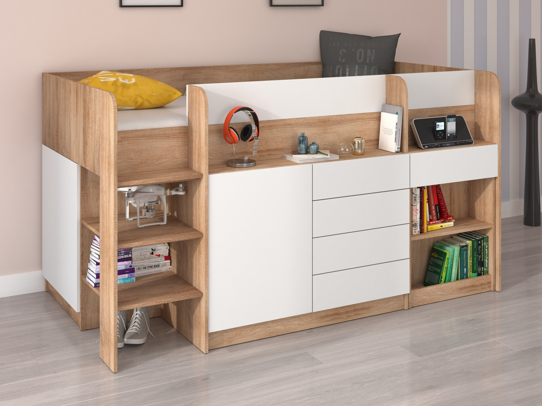 Kõrge voodi Gilroy 116 (Sonoma tamm + Valge)