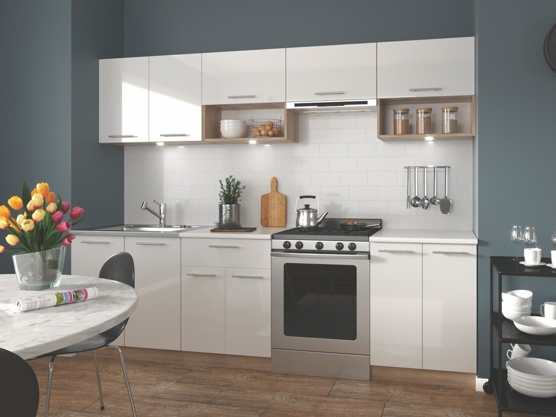 Köögikomplekt Houston 858 (Läikiv valge + Sonoma tamm)