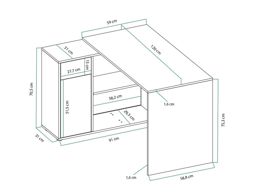 Kontori nurgalaud Bristol 139 (Valge)