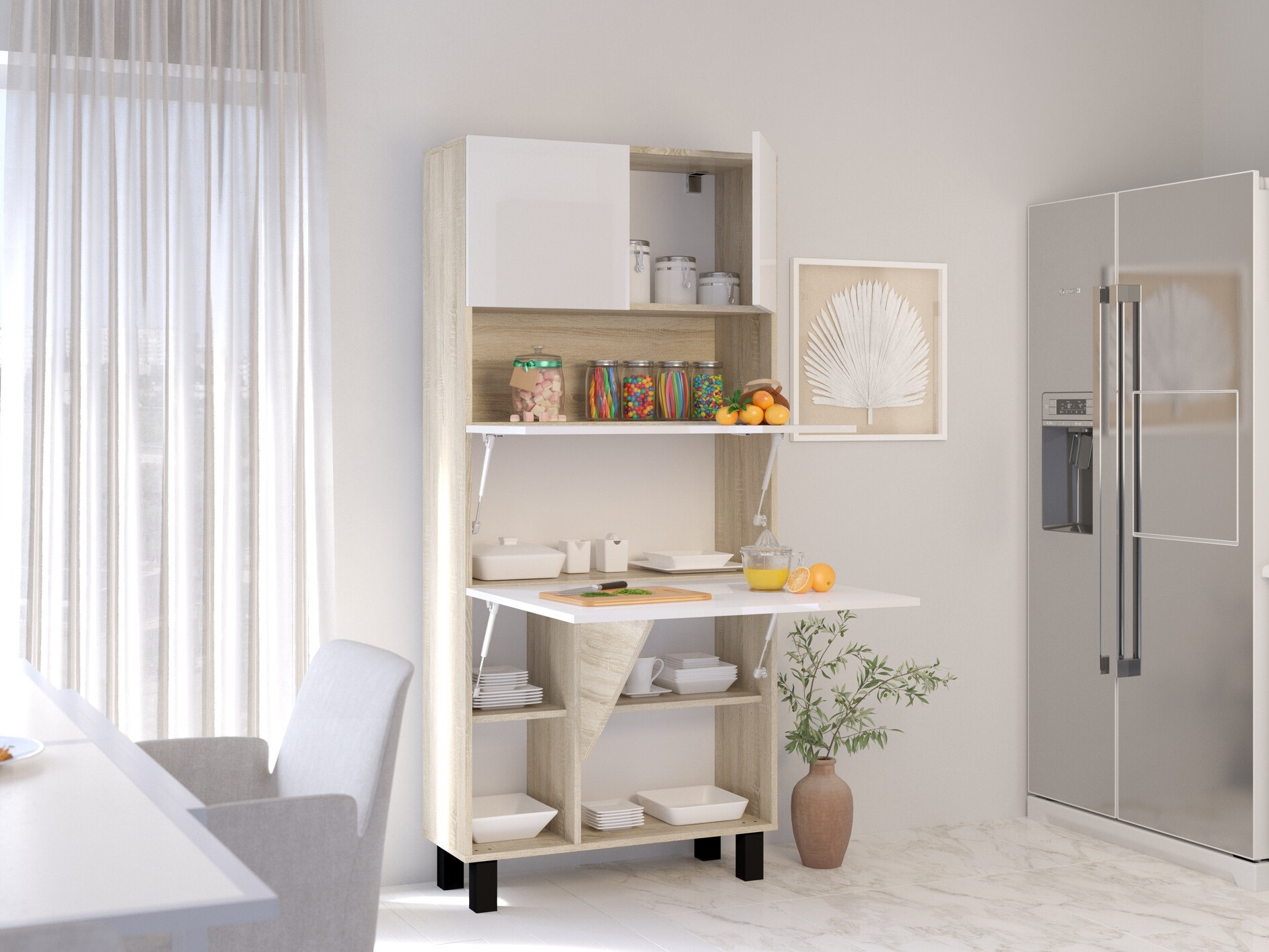 Riiul Buffalo 145 (Läikiv valge + Sonoma tamm)