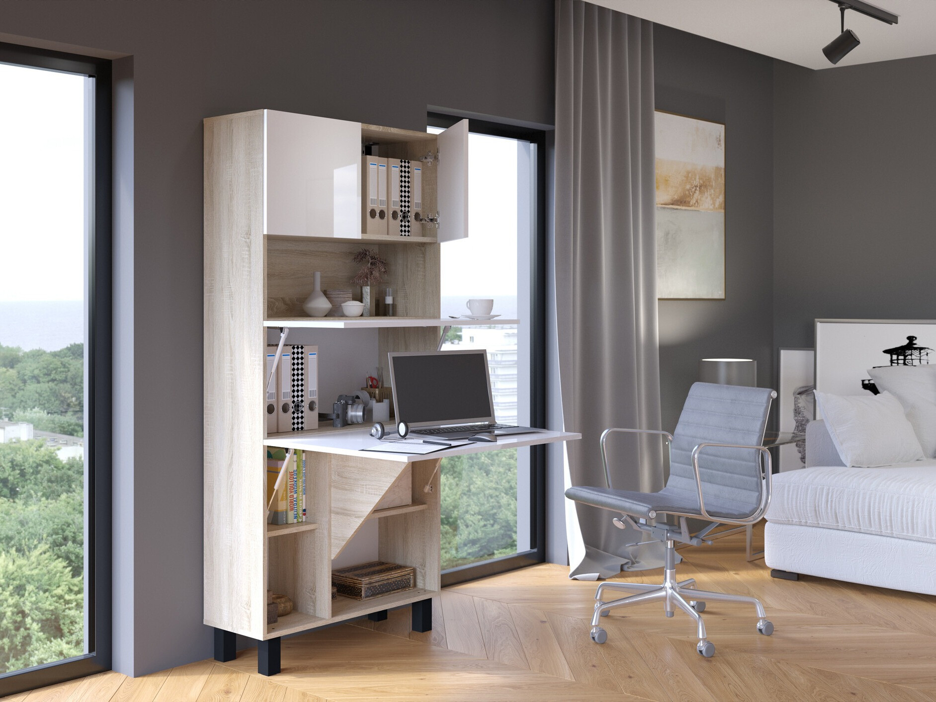 Riiul Buffalo 145 (Läikiv valge + Sonoma tamm)