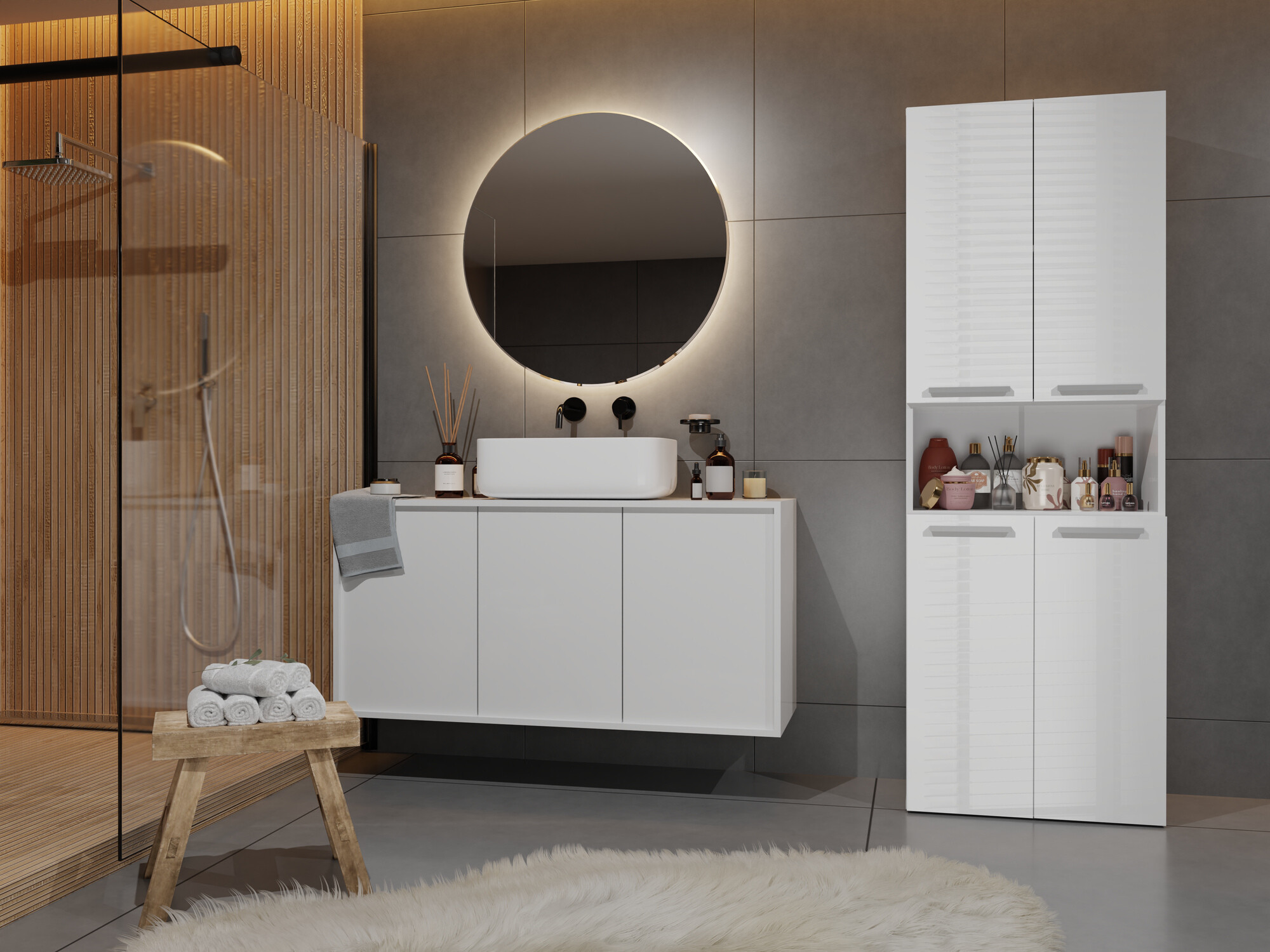 Vannitoa põrandakapp Nolmaru 101 (Valge + Läikiv valge)