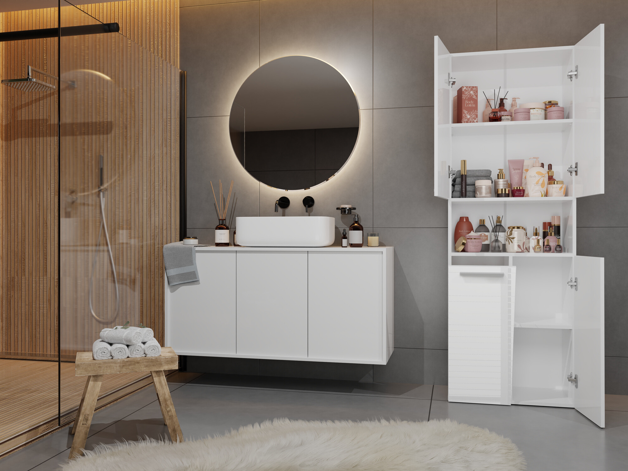 Vannitoa põrandakapp Nolmaru 101 (Valge + Läikiv valge)