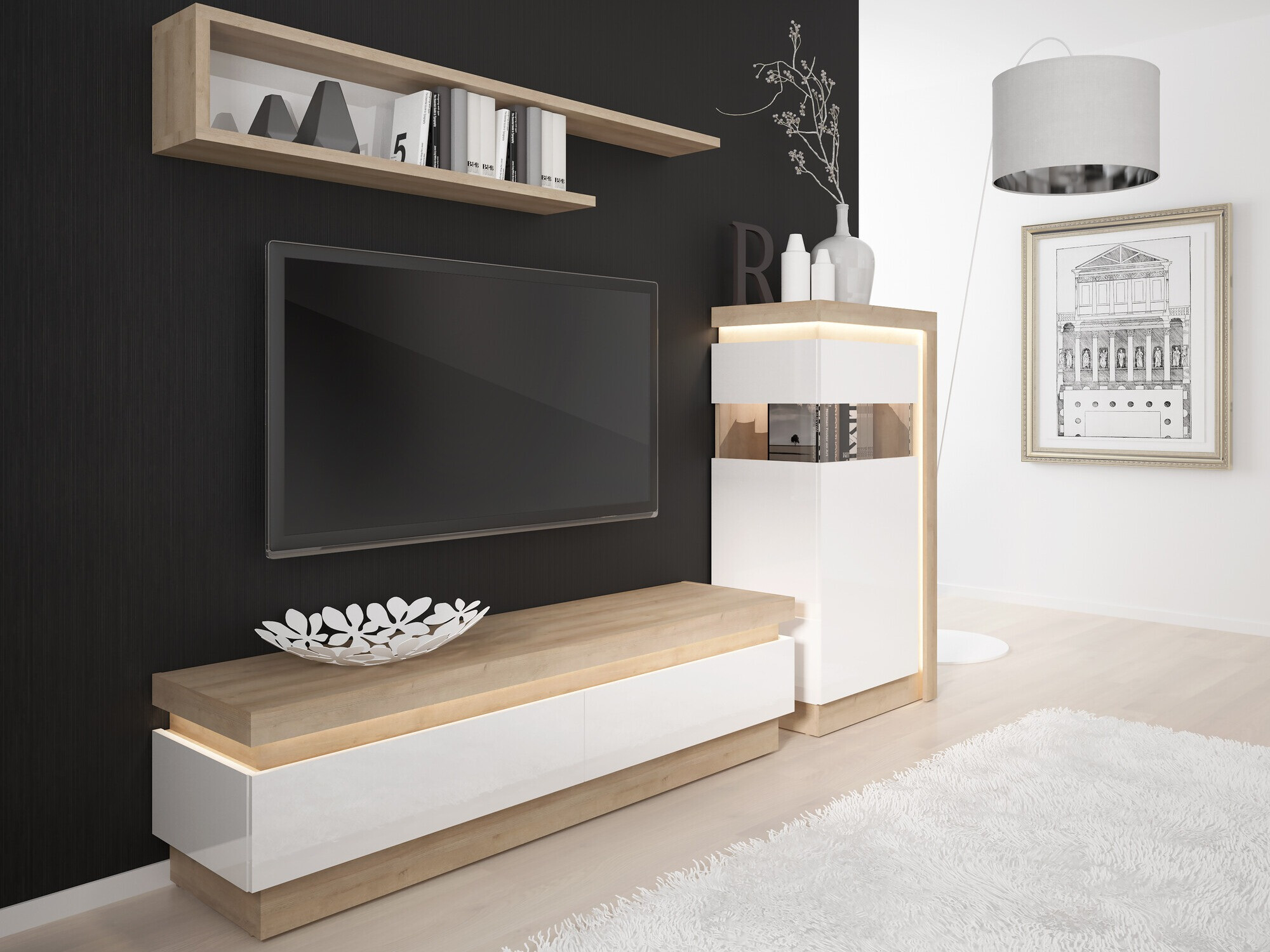 TV-alus Feldeli 101 (Riviera tamm + Läikiv valge)