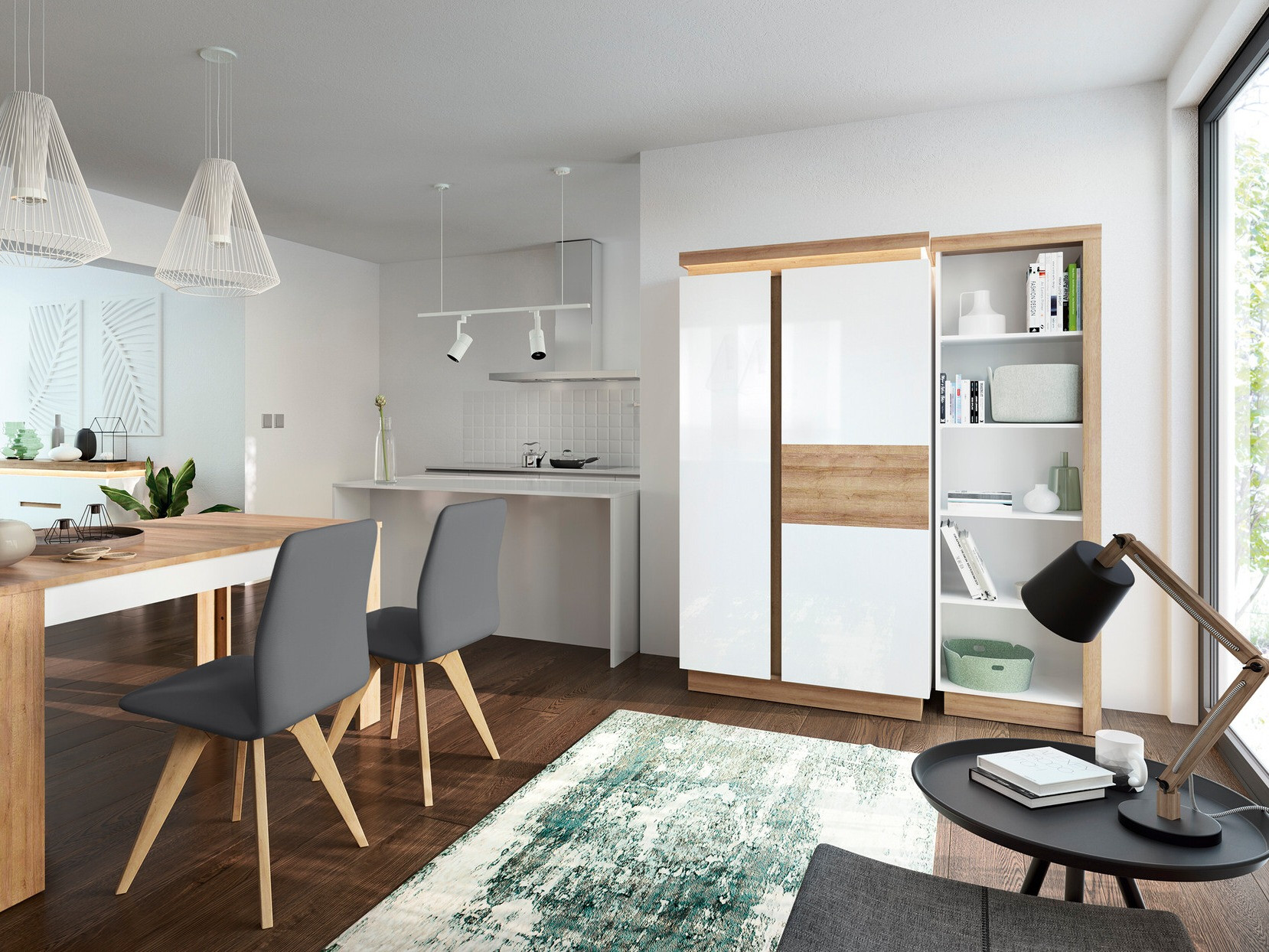 Riidekapp Feldeli 106 (Riviera tamm + Läikiv valge)