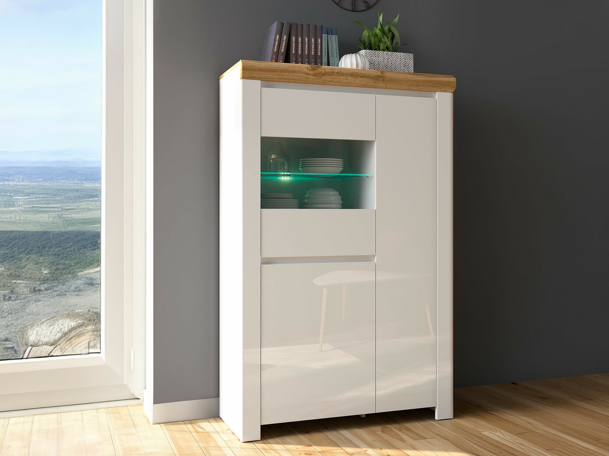 Riiul Sonsoru 105 (Valge + Läikiv valge + Wotani tamm)