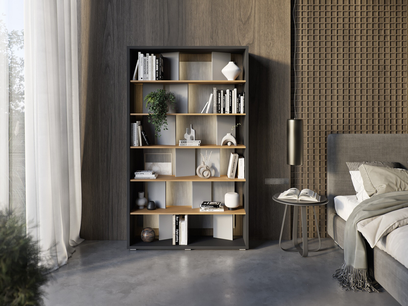 Riiul Fresno 154 (Läikiv hall + Grafiit + Tamm)