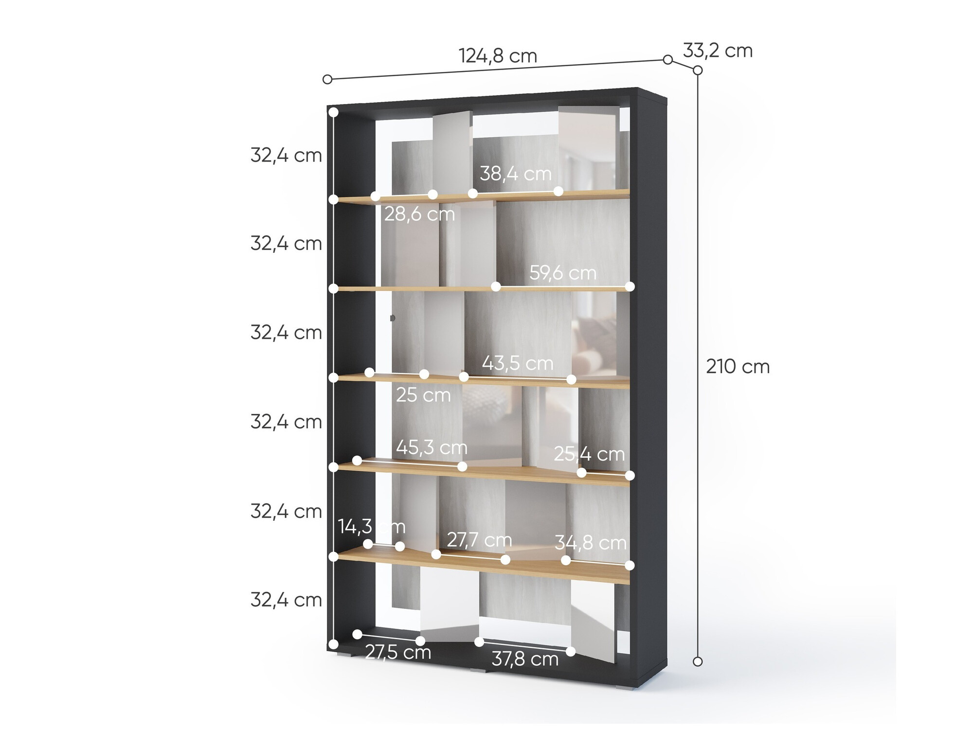 Riiul Fresno 154 (Läikiv hall + Grafiit + Tamm)
