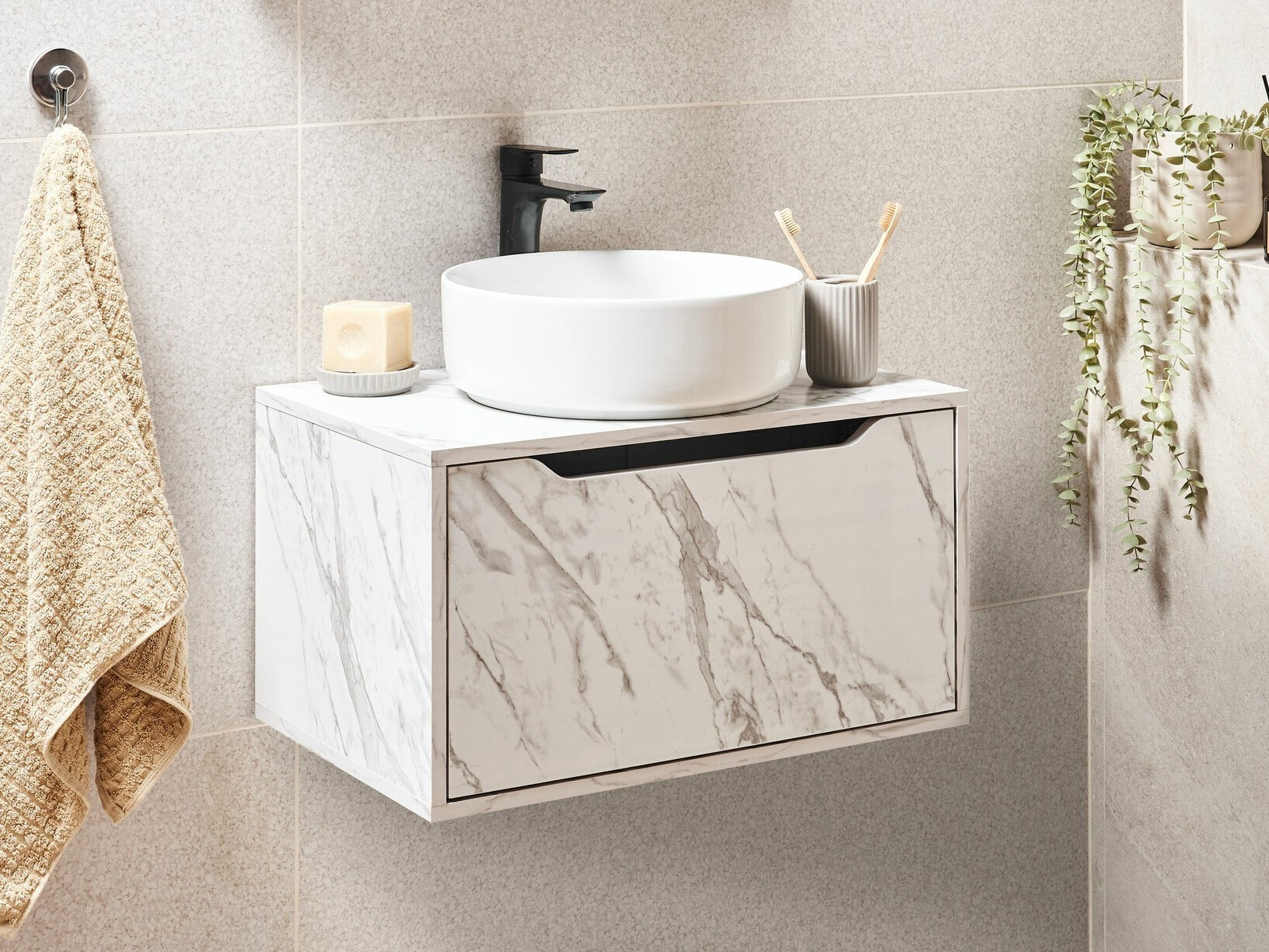 Vannitoa põrandakapp kraanikausile Berwyn 2644 (Valge marmor)