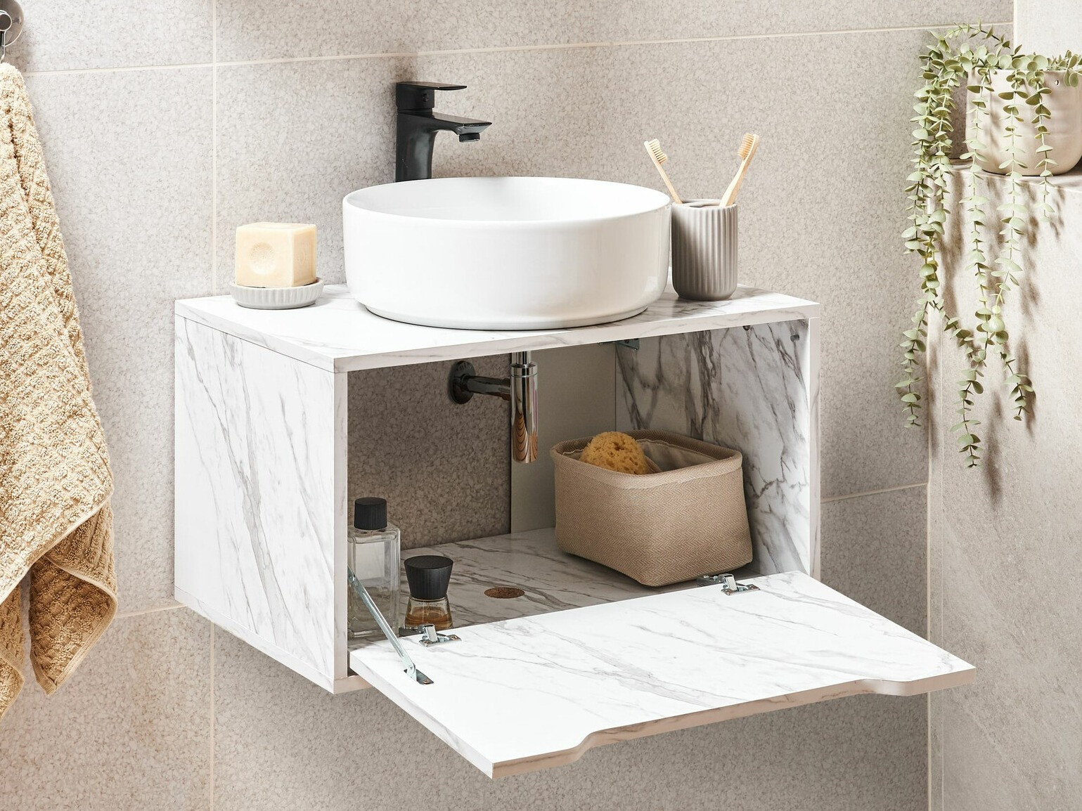 Vannitoa põrandakapp kraanikausile Berwyn 2644 (Valge marmor)