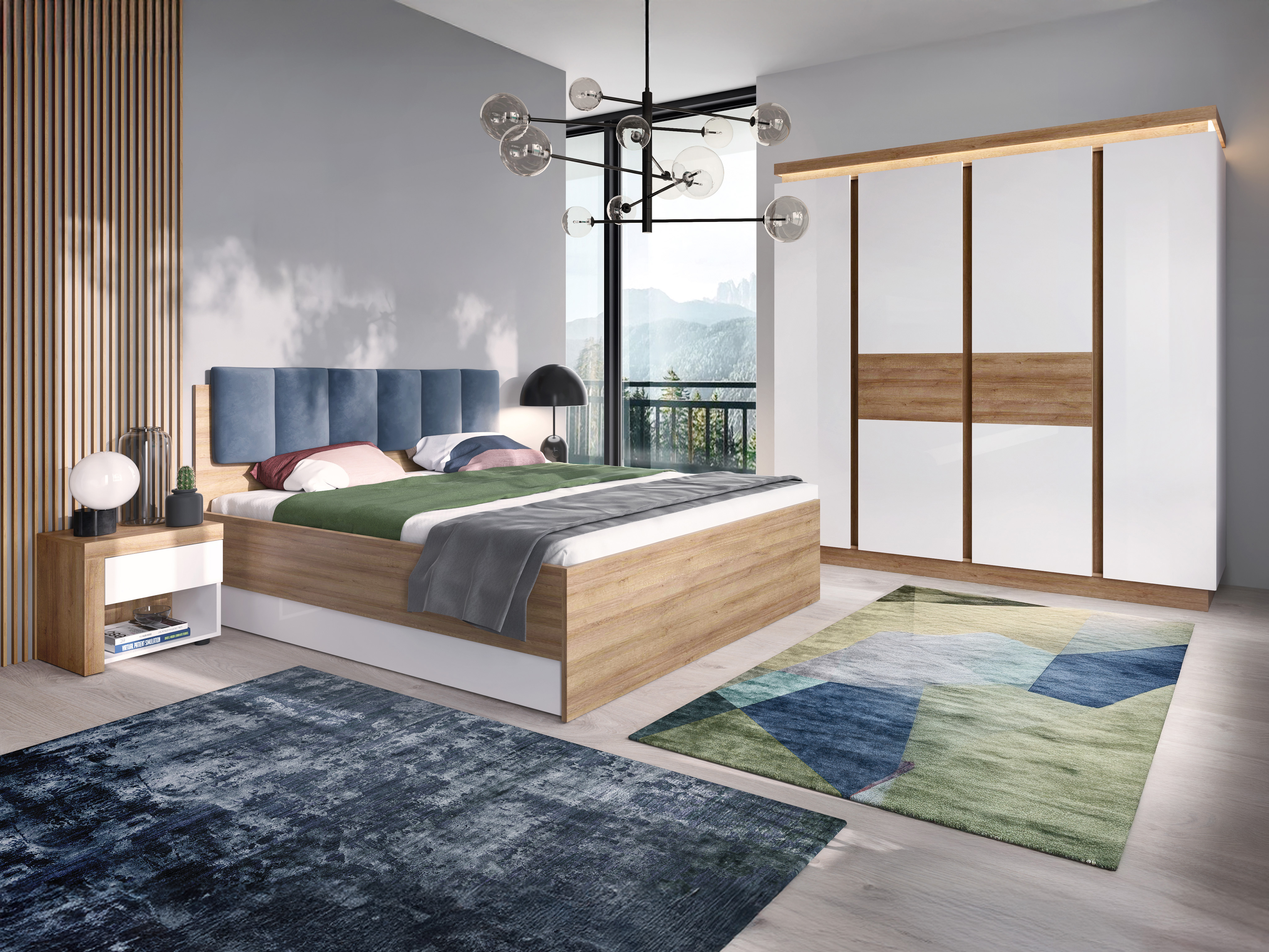 Magamistoakomplekt Feldeli 122 (Riviera tamm + Läikiv valge)