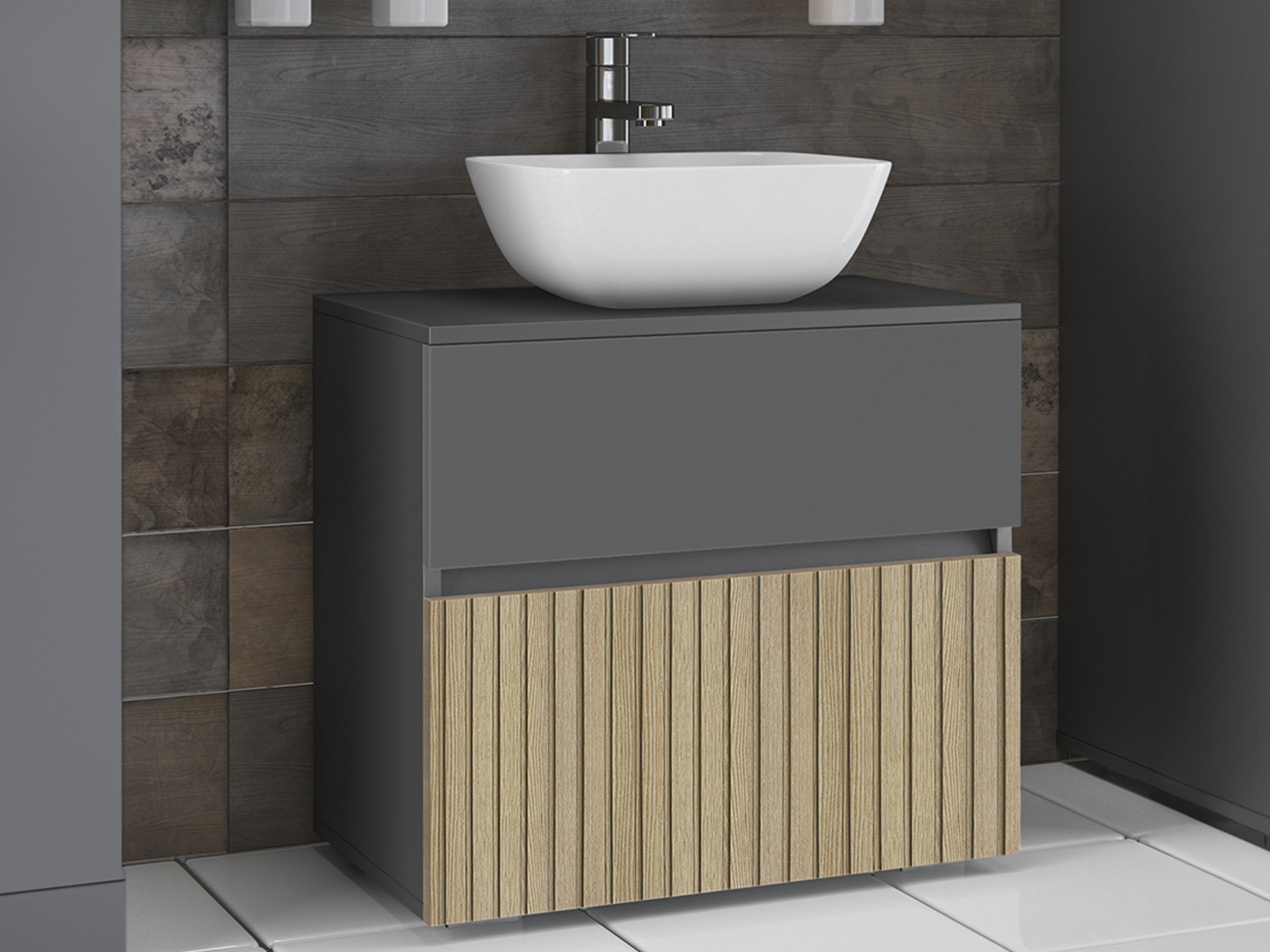 Vannitoa põrandakapp kraanikausile Soncamu 110 (Antratsiit + Hele tamm)