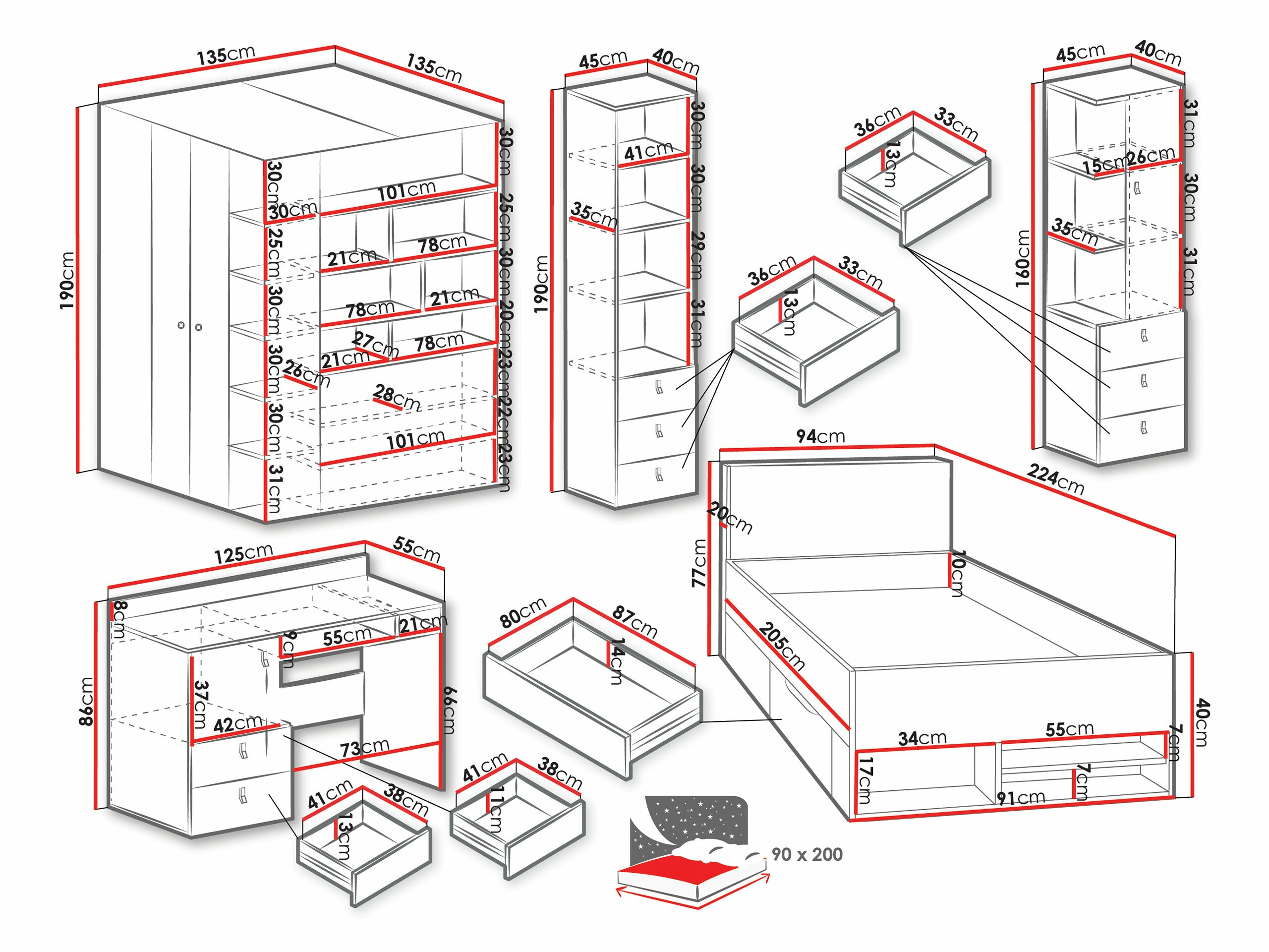 Lastetoa komplekt Camteso 115 (Valge + Tamm + Türkiis)