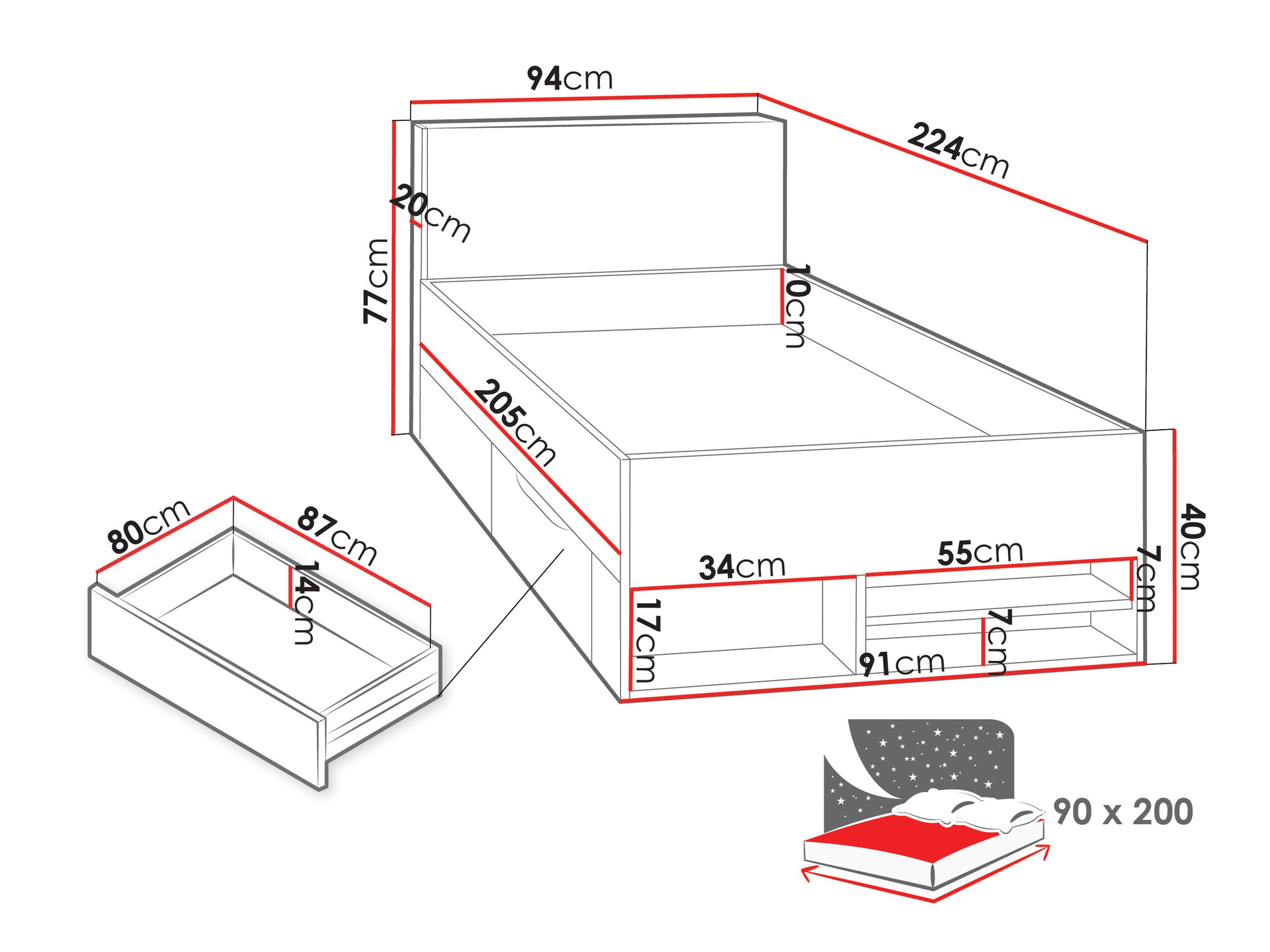 Voodi Camteso 112 (Valge + Tamm + Türkiis)